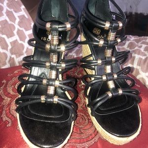 Black Leather Caged Wedges